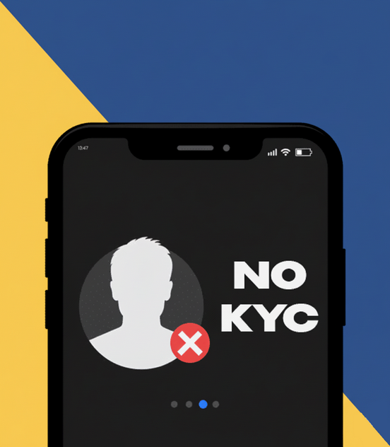 A phone screen displaying the words 'NO KYC' to emphasize the privacy benefits
